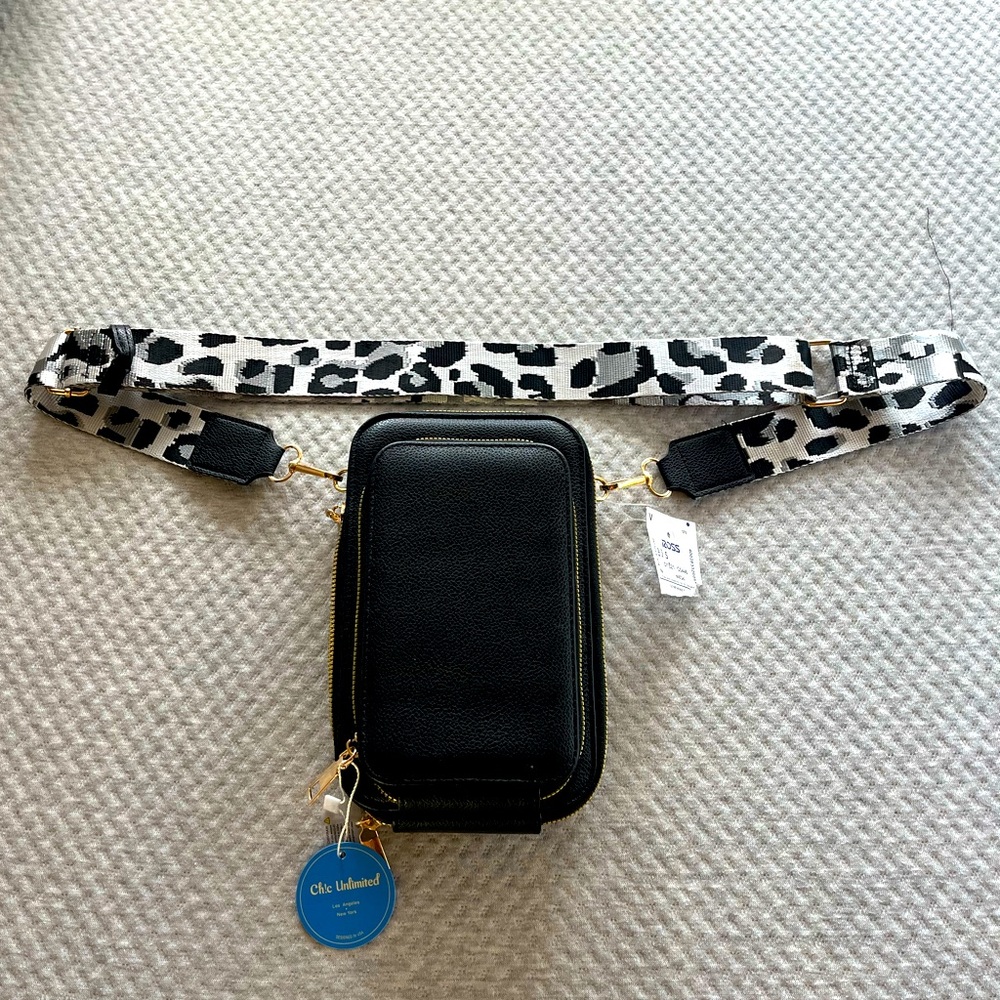 Black Crossbody Bag with Leopard Strap